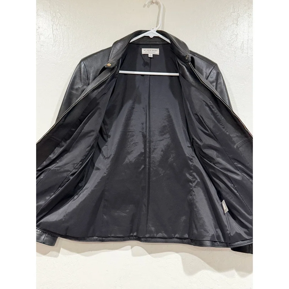 St John Sport Marie Gray Black Leather Jacket Woven Trim Gold Hardware Small